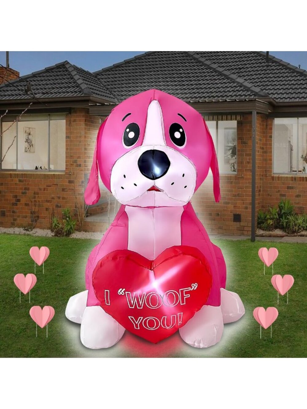 Pink Dog Inflatable with Heart - 4ft LED Lighted Decor for Mother's Day